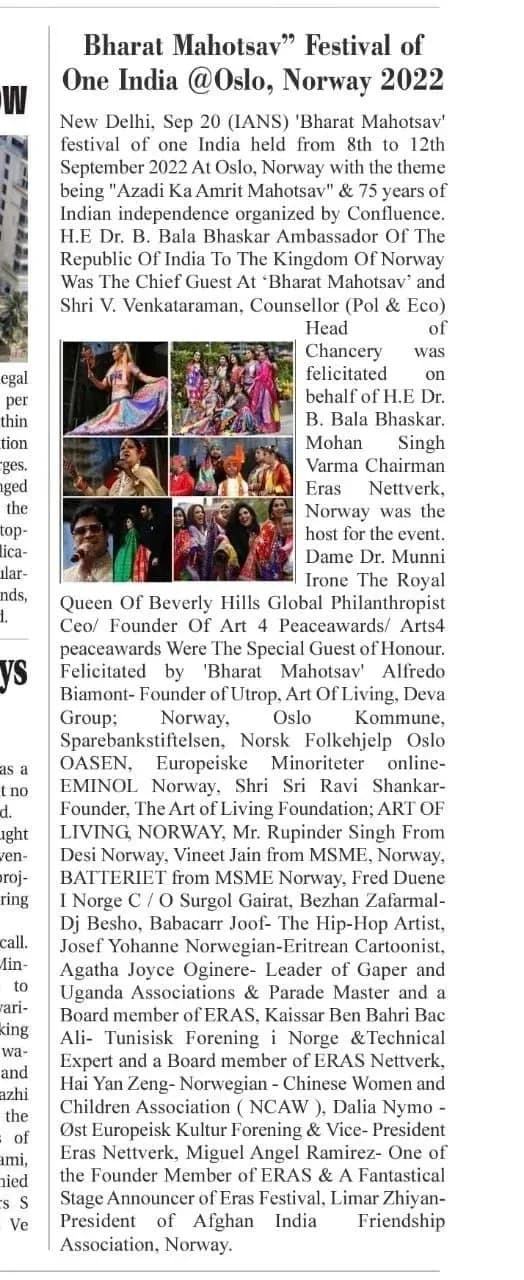 “Bharat Mahotsav Festival of One India @Oslo, Norway 2022” — single-column report